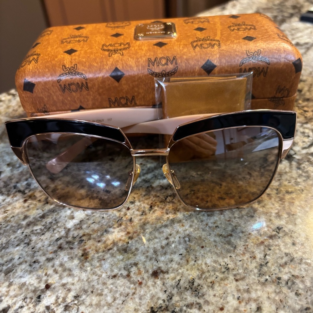 NWT MCM Sunglasses: shiny rose gold/black frames with rose lens/logo sides.
